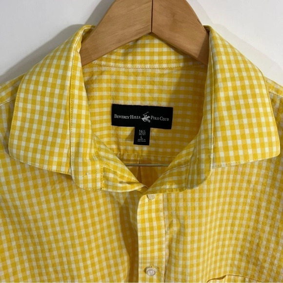 Beverly Hills Polo Club Yellow Gingham Button Up Shirt Mens Large Collared - Picture 4 of 4